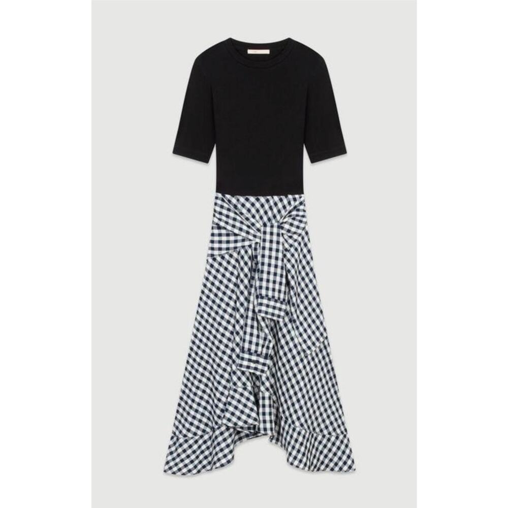Maje Rapri Black & White Gingham Jersey & Skirt Midi Dress Size US Large (3) - Picture 2 of 12